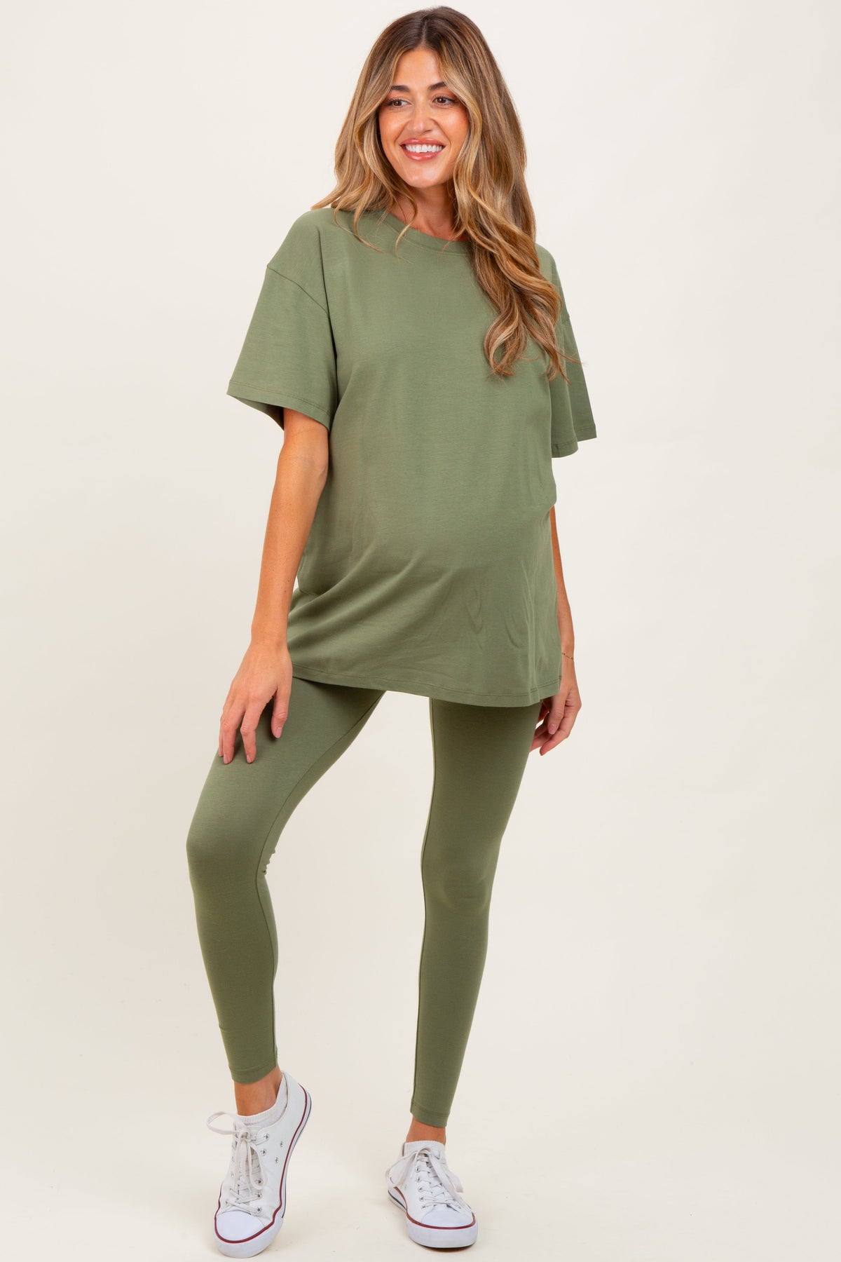 Light Olive Oversized Crewneck Short Sleeve and Legging Maternity Set