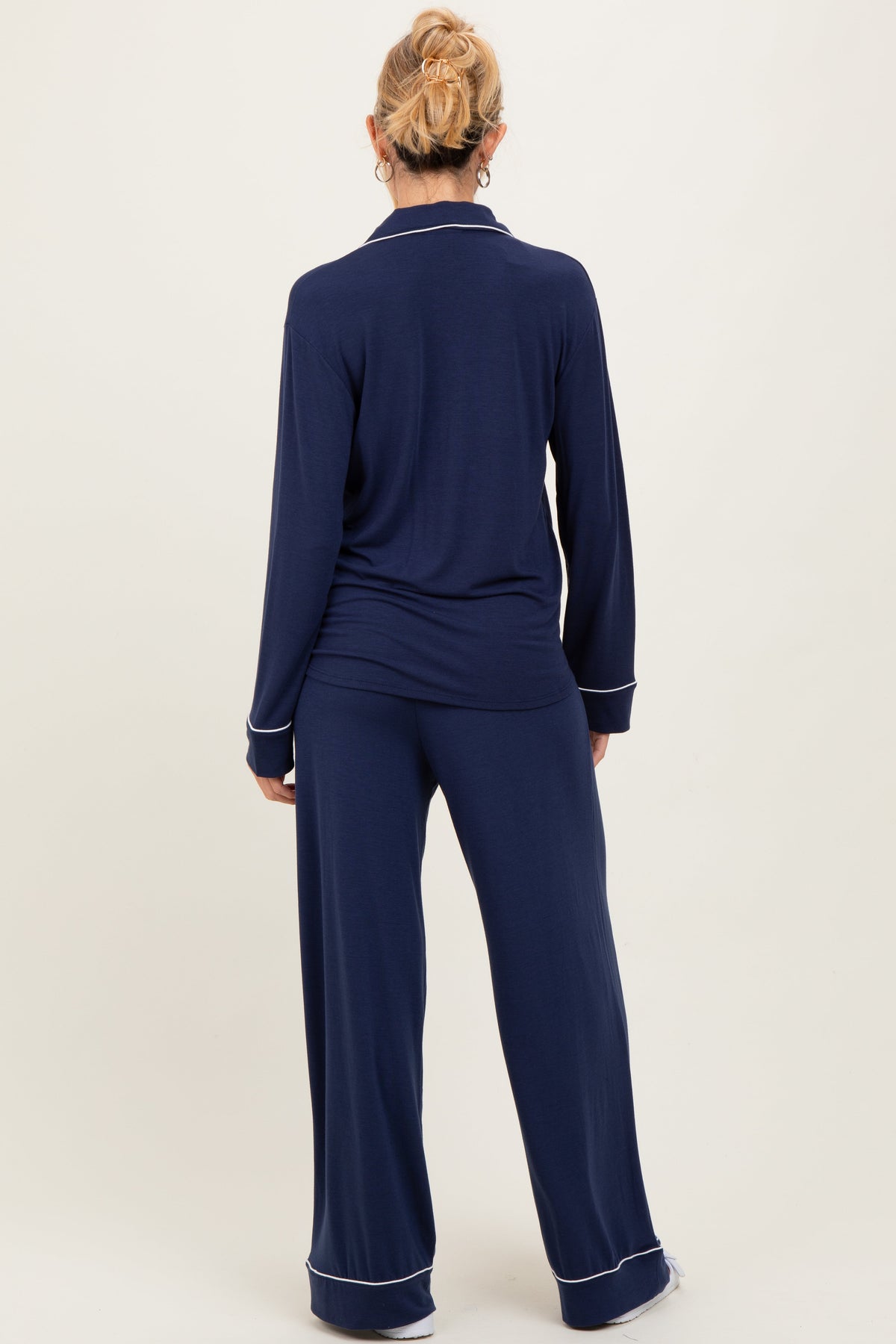 Dark Navy Button Down Top Wide Leg Pant Maternity Pajama Set