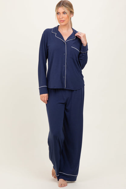 Dark Navy Button Down Top Wide Leg Pant Maternity Pajama Set