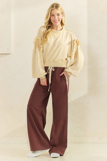 Brown Lace Stripe Drawstring Maternity Lounge Pants