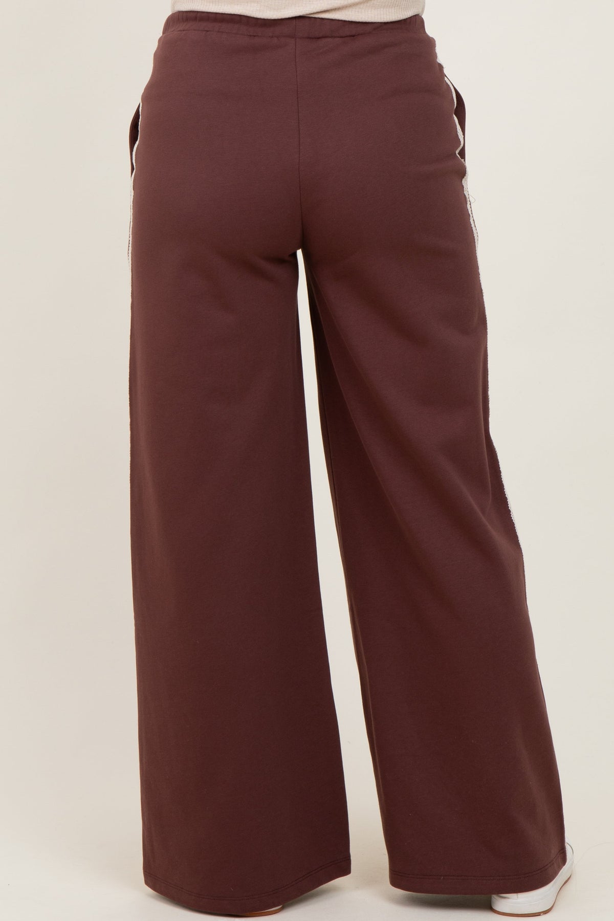 Brown Lace Stripe Drawstring Maternity Lounge Pants