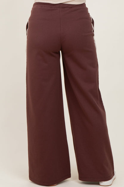 Brown Lace Stripe Drawstring Maternity Lounge Pants