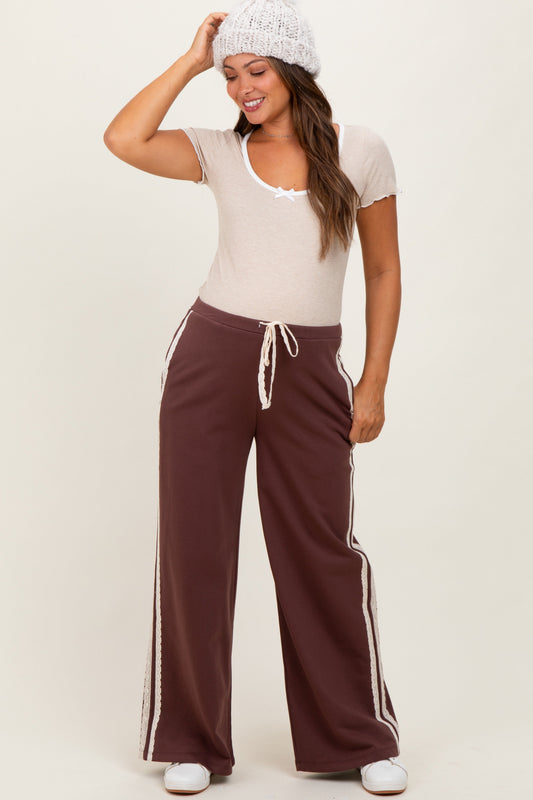 Brown Lace Stripe Drawstring Maternity Lounge Pants
