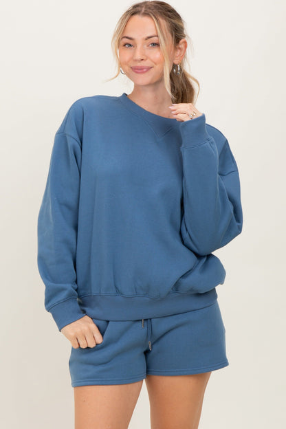 Blue Fleece Sweatshirt Shorts Maternity Set