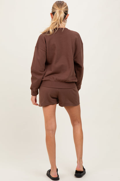 Brown Fleece Sweatshirt Shorts Maternity Set