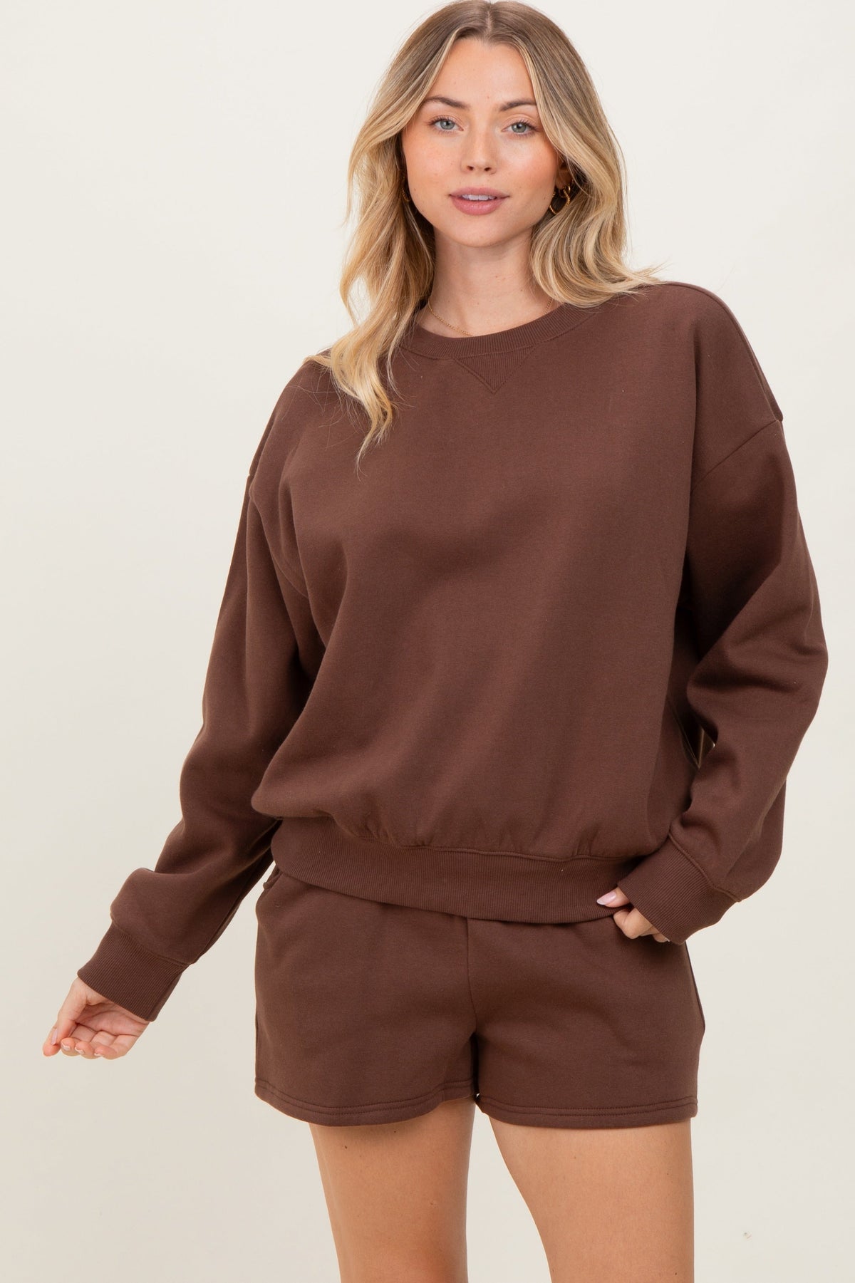 Brown Fleece Sweatshirt Shorts Maternity Set