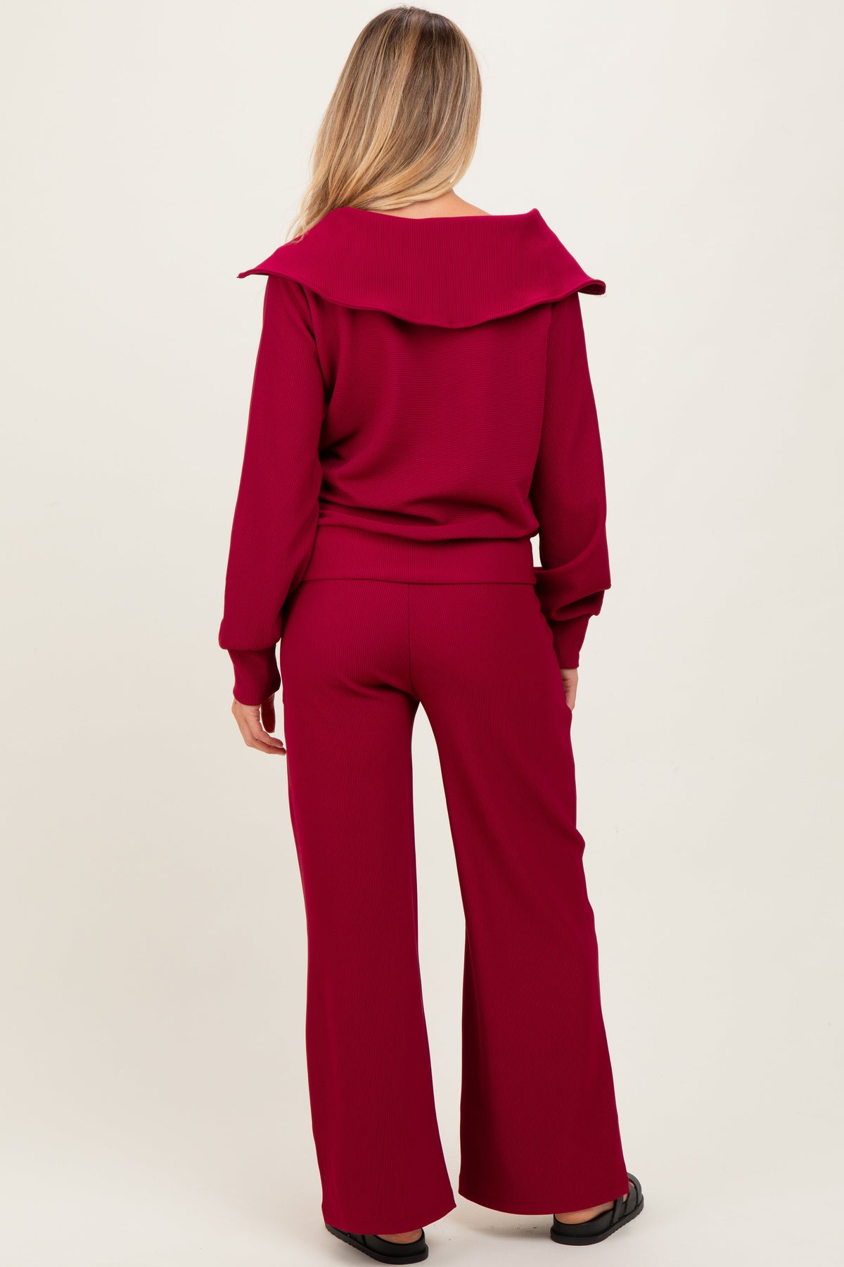 Burgundy RIbbed Half Zip Pullover Wide Leg Pant Maternity Set