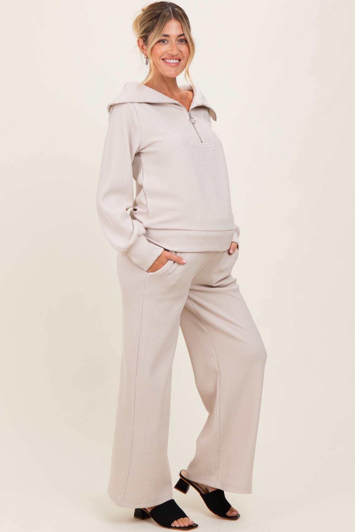 Cream RIbbed Half Zip Pullover Wide Leg Pant Maternity Set