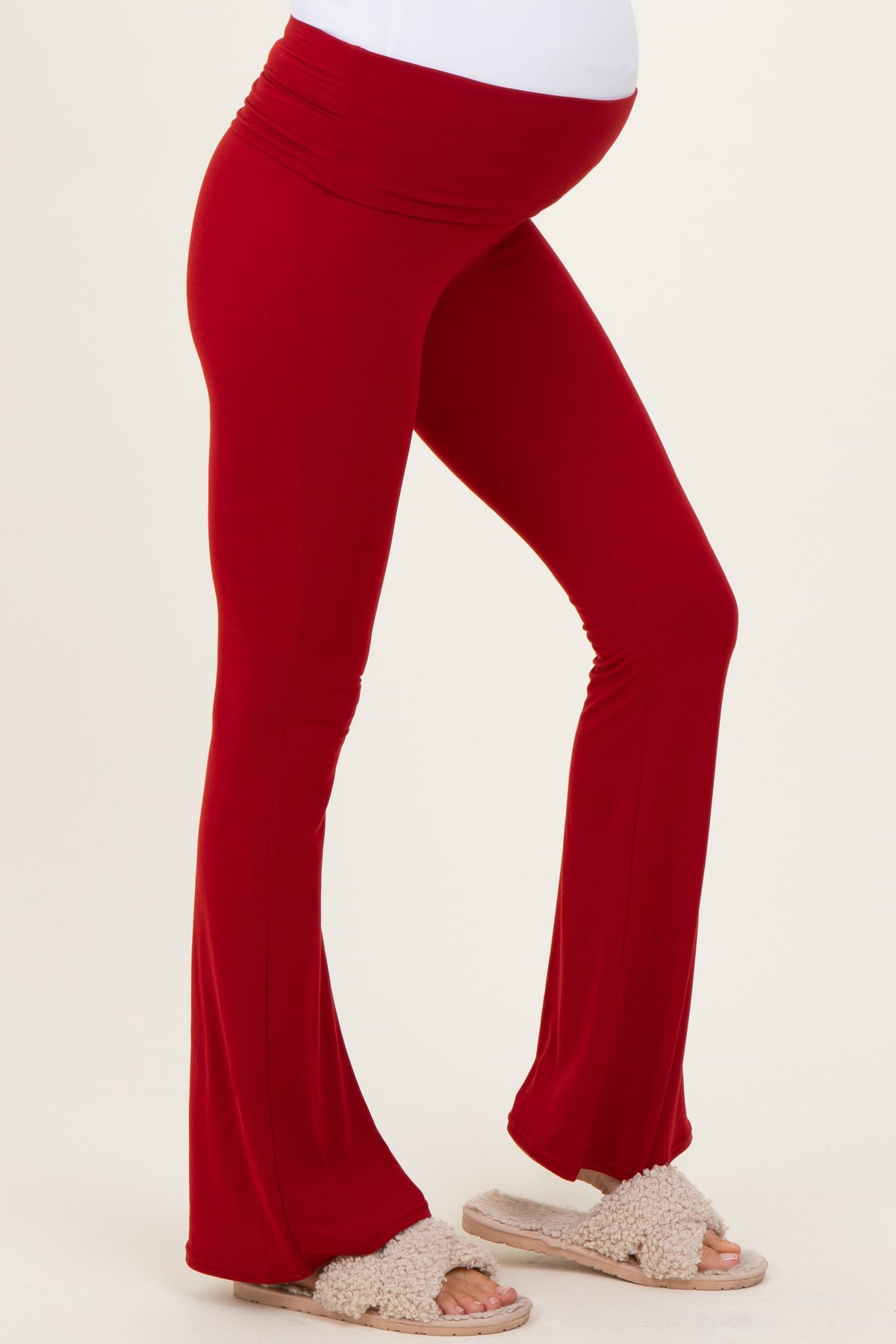 Red Fold Over Waistband Maternity Flared Pants
