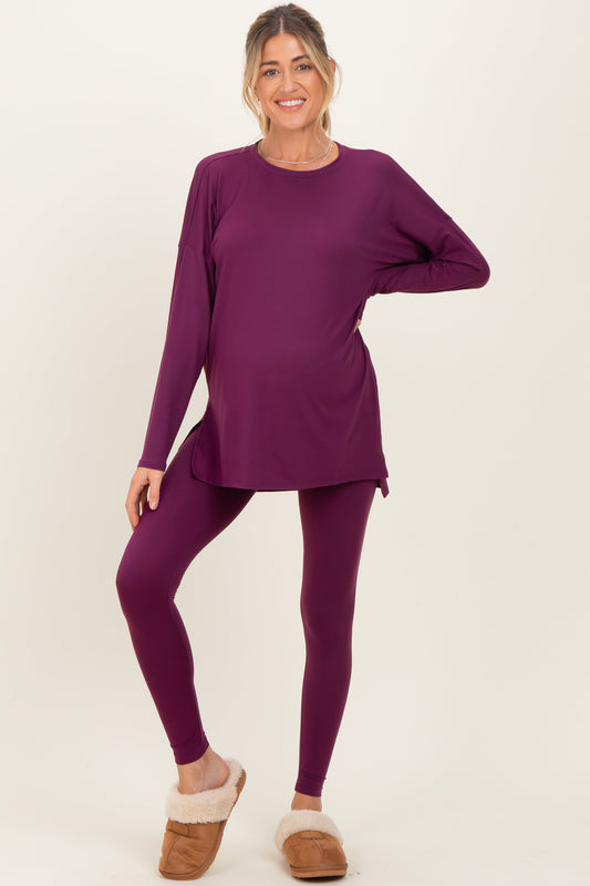 Plum Brushed Knit Maternity Oversized Top and Legging Set
