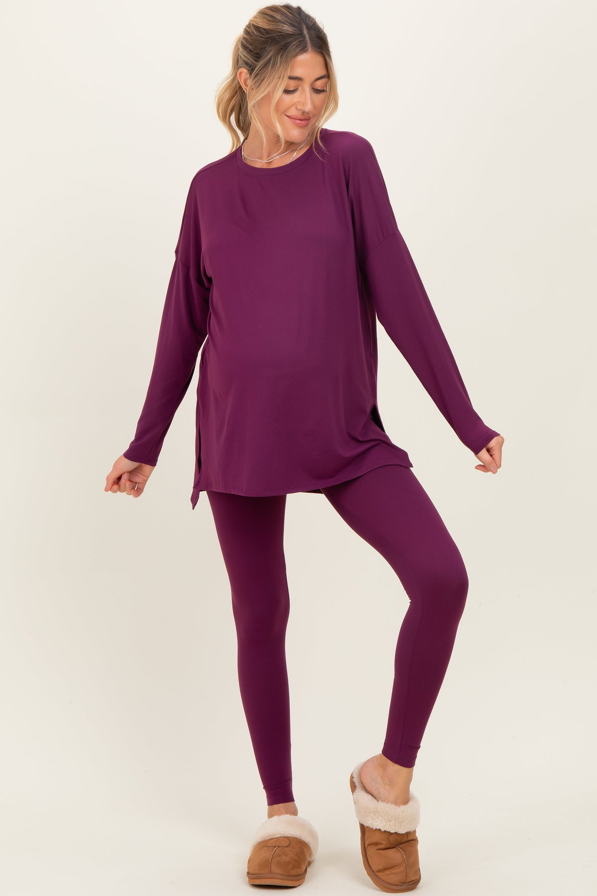 Plum Brushed Knit Maternity Oversized Top and Legging Set