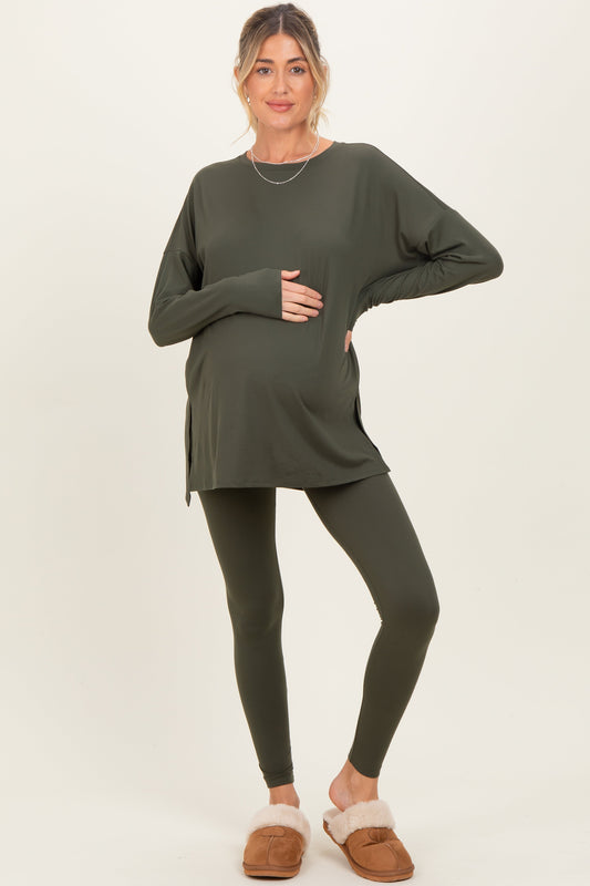 Olive Brushed Knit Maternity Oversized Top and Legging Set