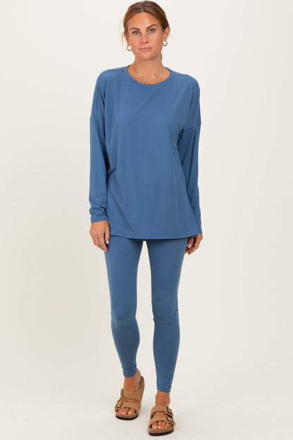 Dusty Blue Brushed Knit Maternity Oversized Top and Legging Set