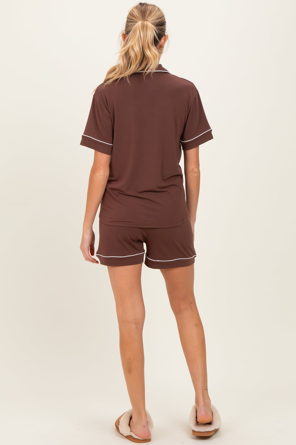 Brown Short Sleeve Button Down Shirt Shorts Maternity Set