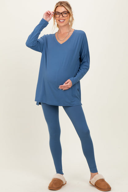Blue Brushed Knit Maternity Oversized Top and Legging Set