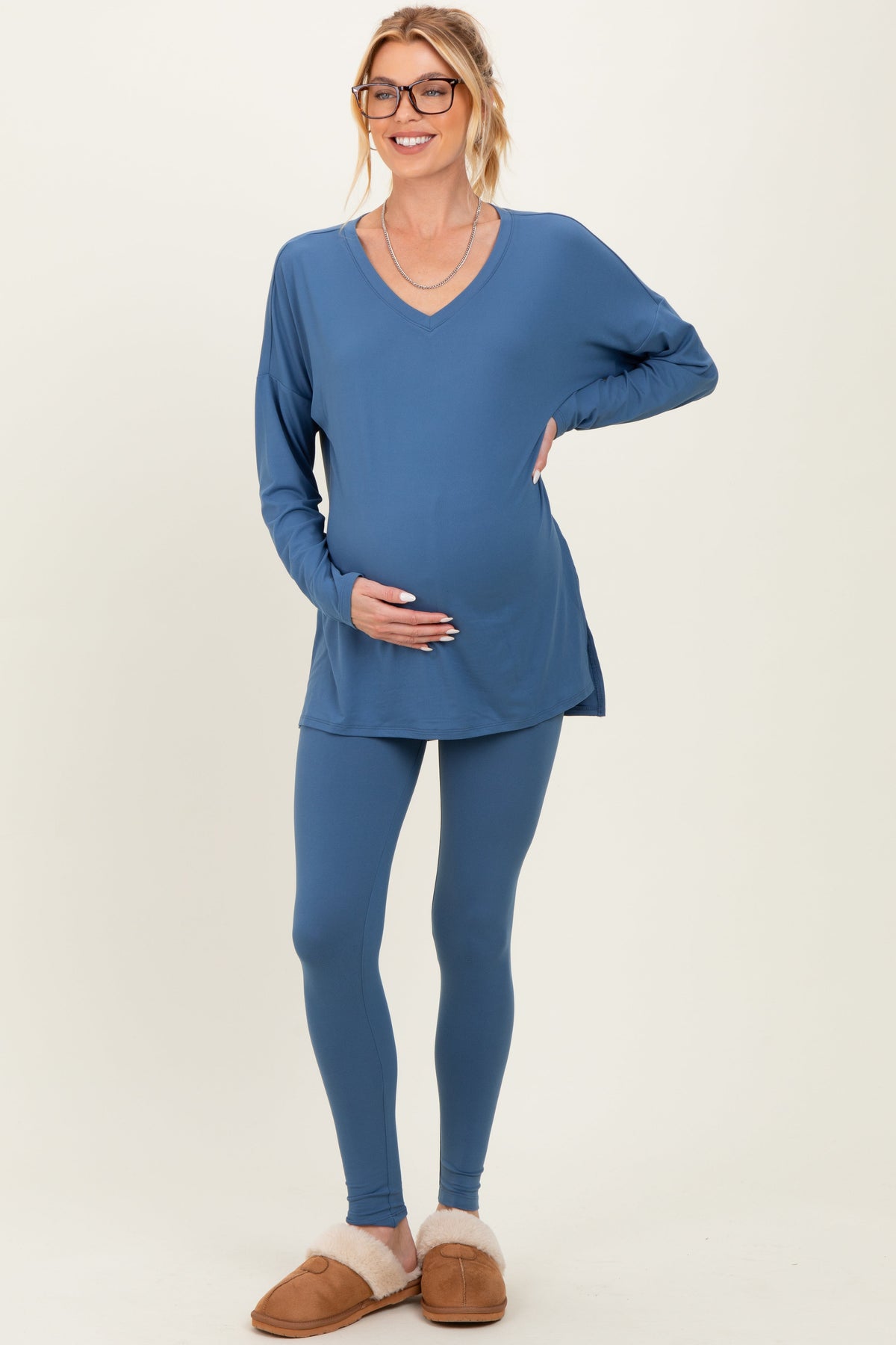 Blue Brushed Knit Maternity Oversized Top and Legging Set
