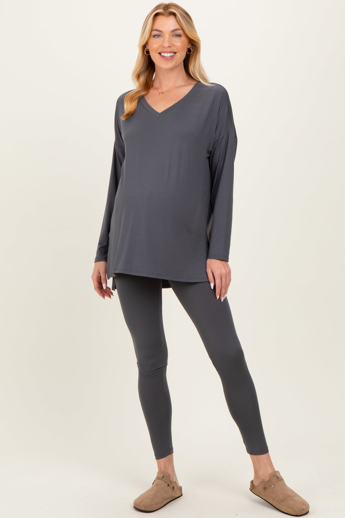 Charcoal Brushed Knit Maternity Oversized Top and Legging Set