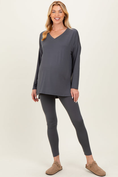 Charcoal Brushed Knit Maternity Oversized Top and Legging Set
