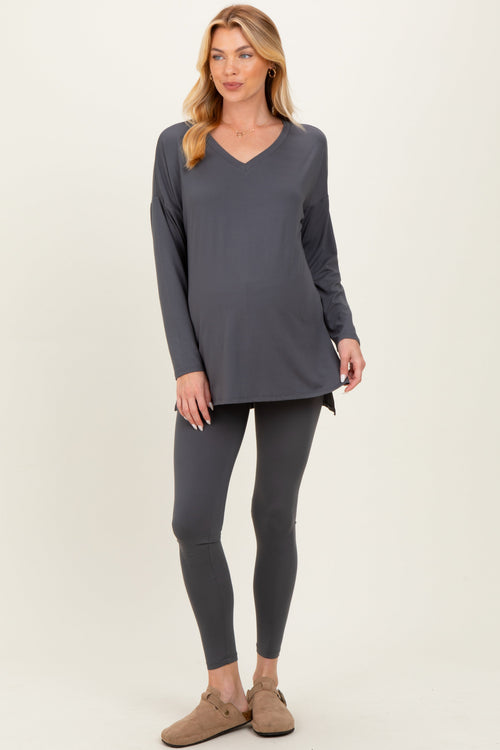 Charcoal Brushed Knit Maternity Oversized Top and Legging Set