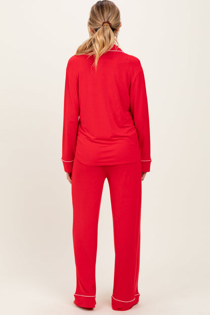 Red Button Down Top Wide Leg Pant Maternity Pajama Set