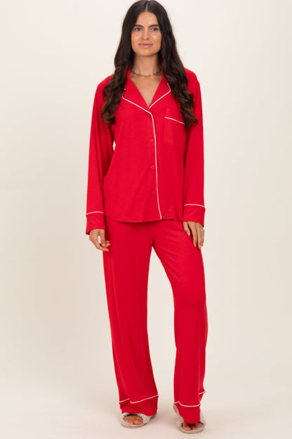 Red Button Down Top Wide Leg Pant Maternity Pajama Set