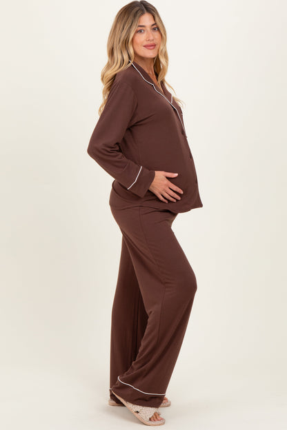Brown Button Down Top Wide Leg Pant Maternity Pajama Set