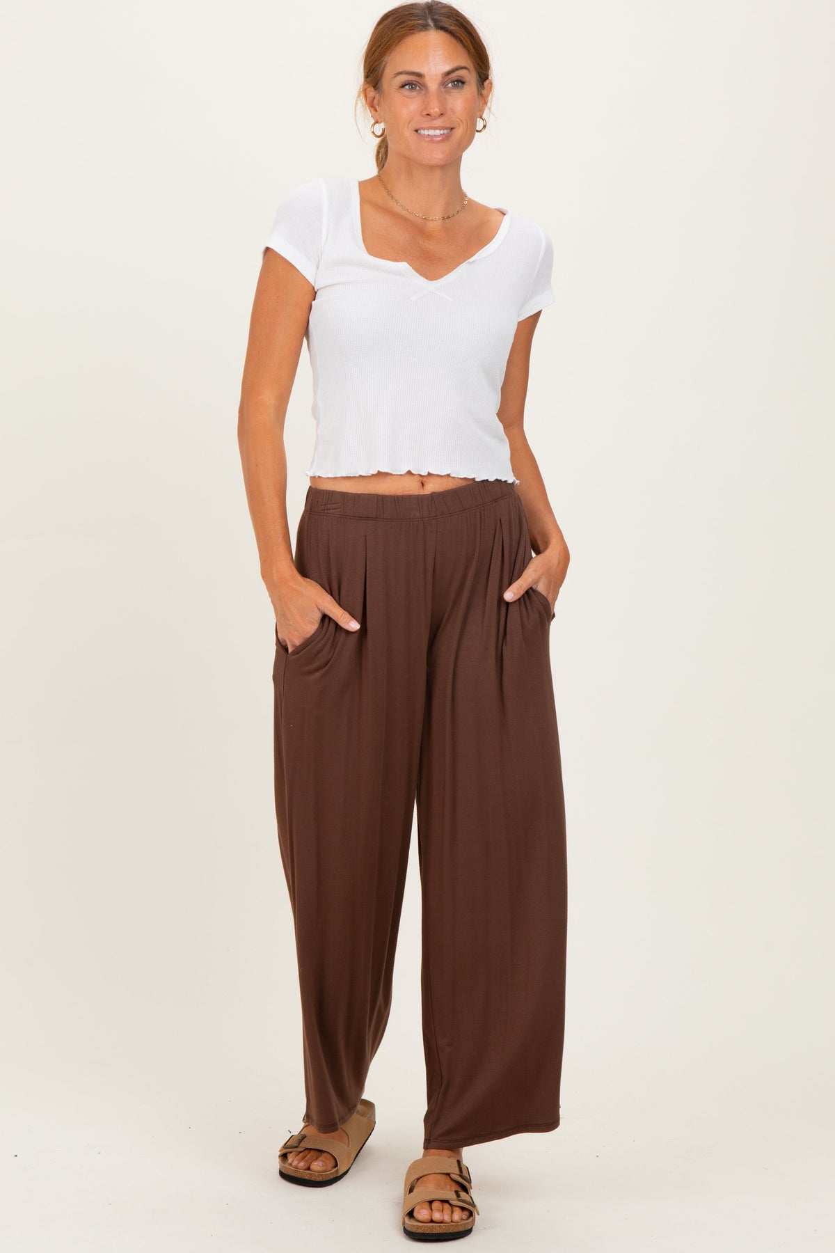 Brown Wide Leg Ankle Maternity Lounge Pants