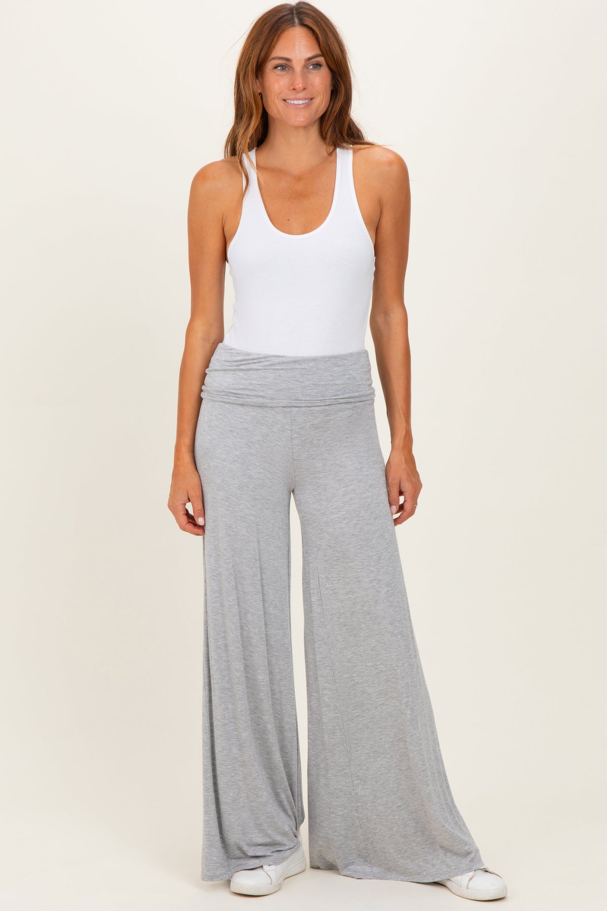 Heather Grey Fold Over Waist Maternity Wide Leg Lounge Pants