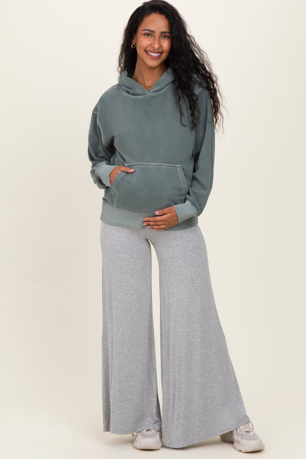 Heather Grey Fold Over Waist Maternity Wide Leg Lounge Pants