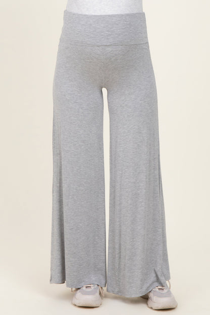 Heather Grey Fold Over Waist Maternity Wide Leg Lounge Pants
