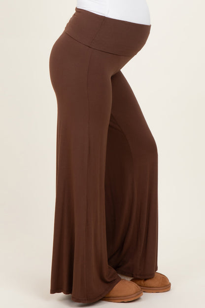 Brown Fold Over Waist Maternity Wide Leg Lounge Pants