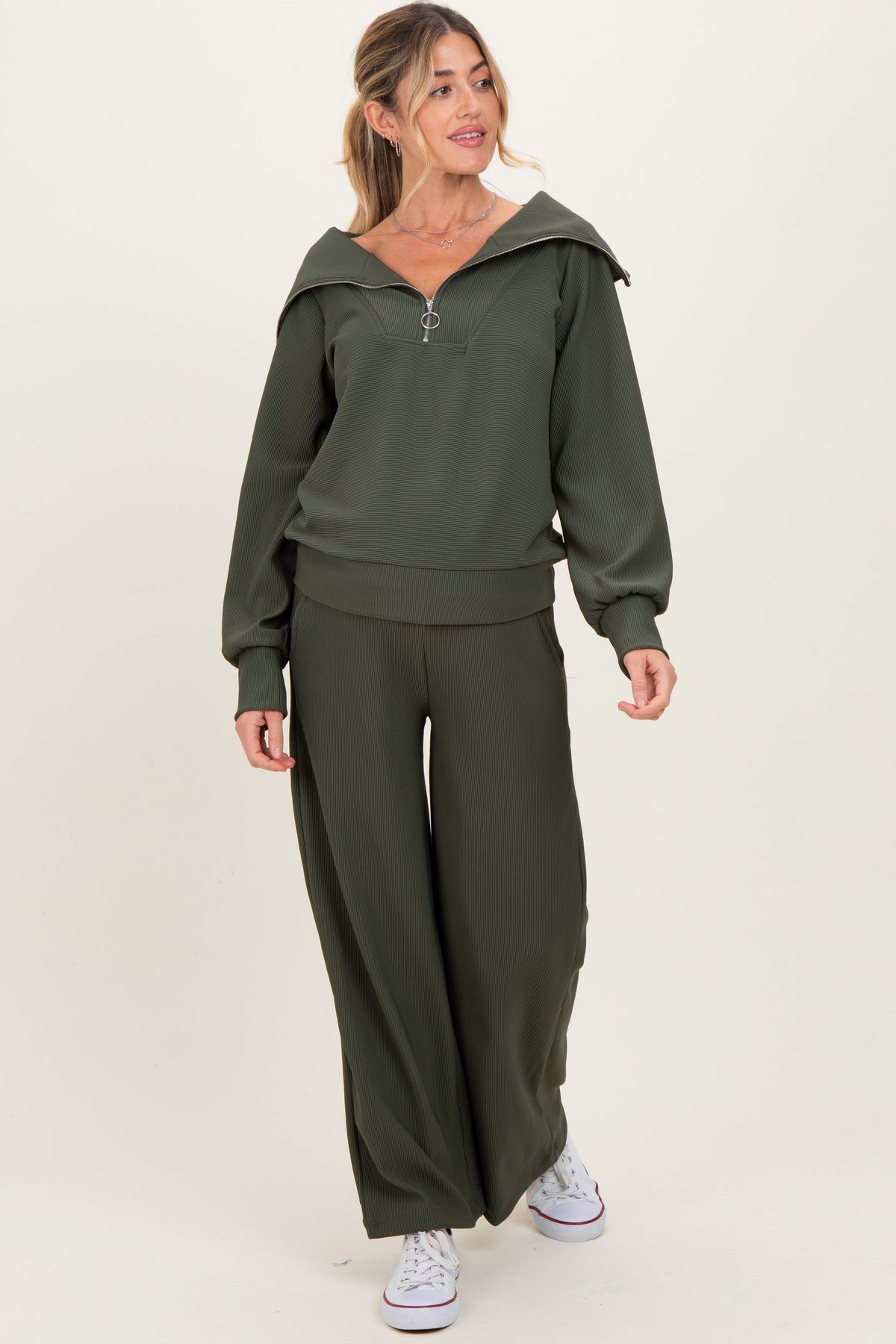 Olive Ribbed Half Zip Pullover Wide Leg Pant Maternity Set