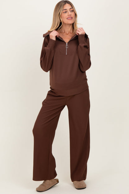 Brown Ribbed Half Zip Pullover Wide Leg Pant Maternity Set
