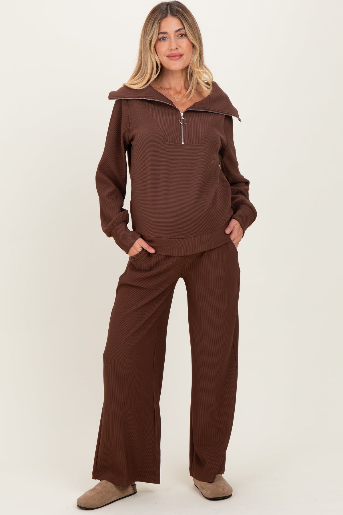 Brown Ribbed Half Zip Pullover Wide Leg Pant Maternity Set