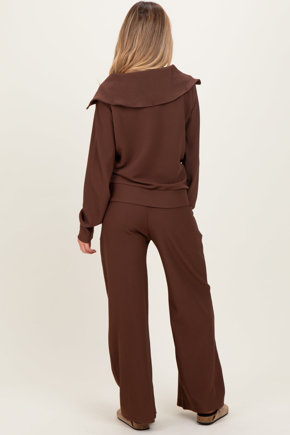 Brown Ribbed Half Zip Pullover Wide Leg Pant Maternity Set