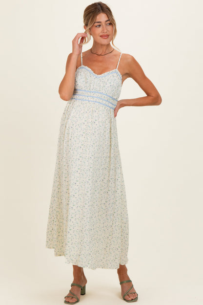 Cream Floral Contrast Trim Sleeveless Maternity Maxi Dress
