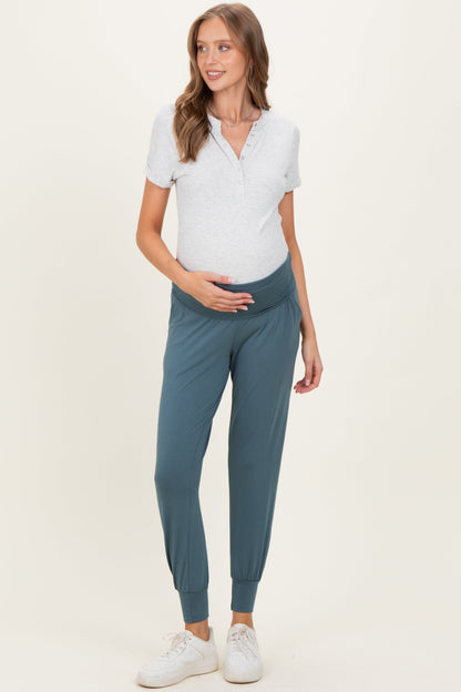 Teal Blue Maternity Band Jogger Pants