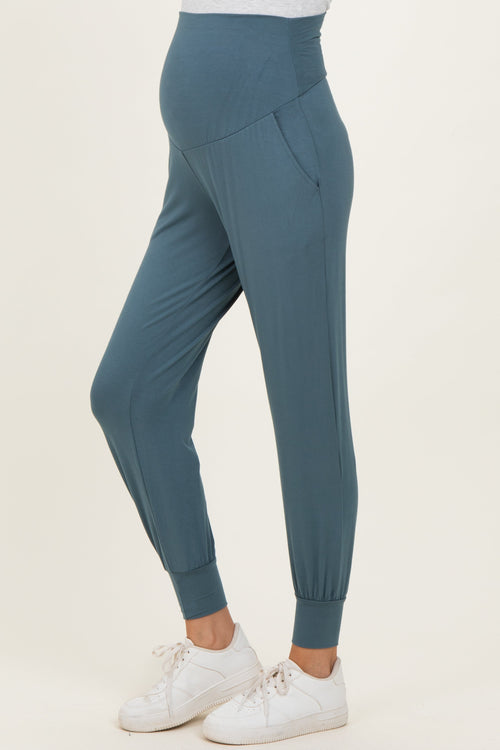 Teal Blue Maternity Band Jogger Pants