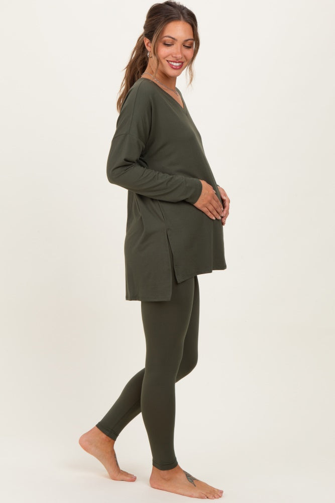 Olive Green Brushed Knit Maternity Oversized Top and Legging Set