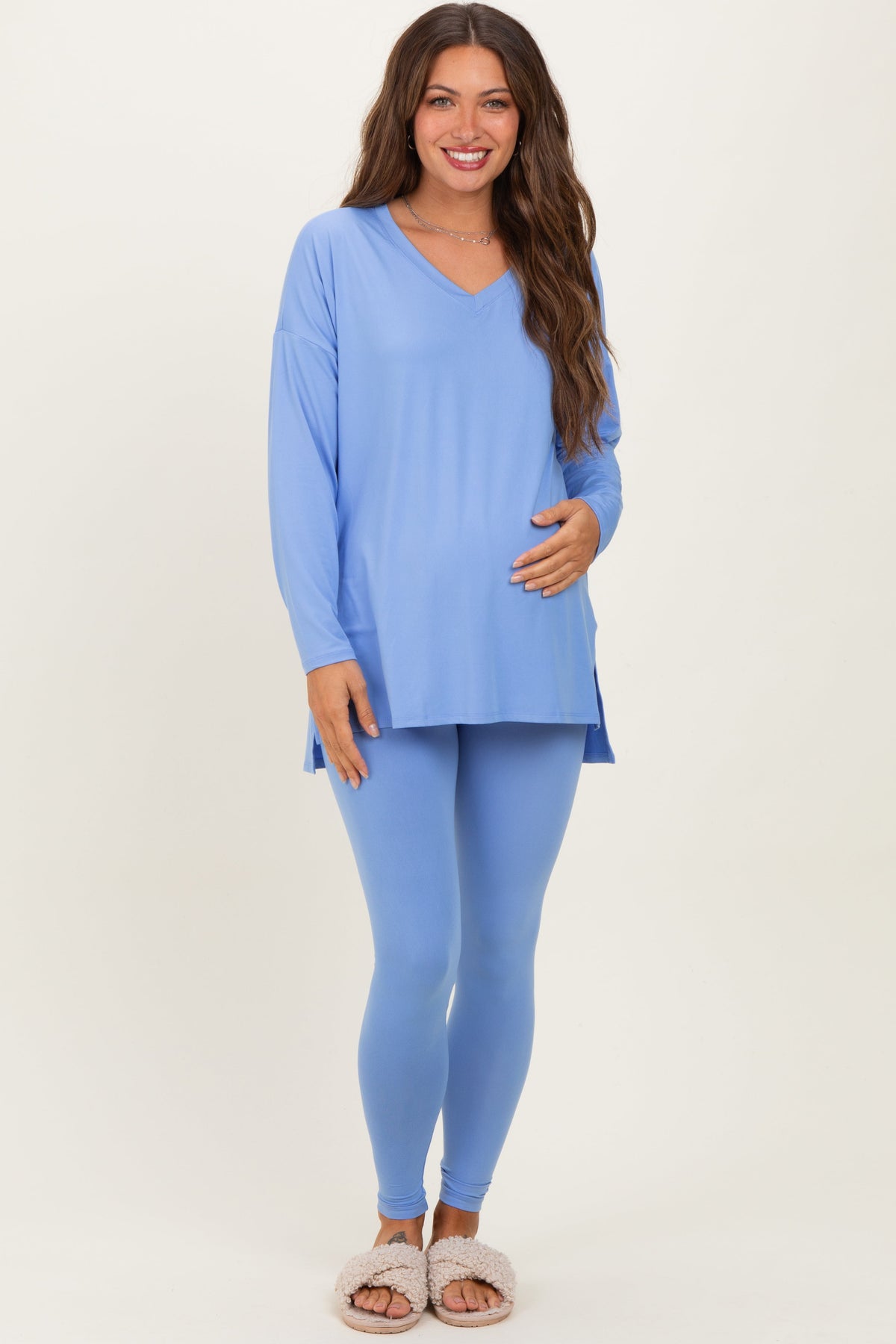Cornflower Blue Brushed Knit Maternity Oversized Top and Legging Set
