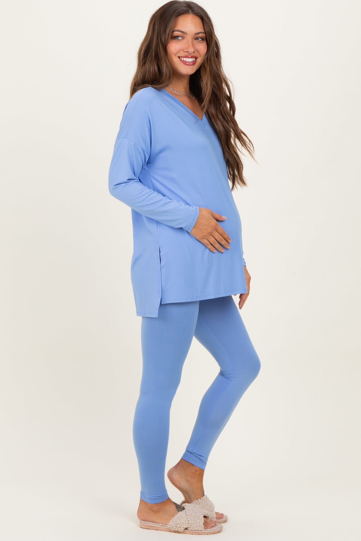 Cornflower Blue Brushed Knit Maternity Oversized Top and Legging Set
