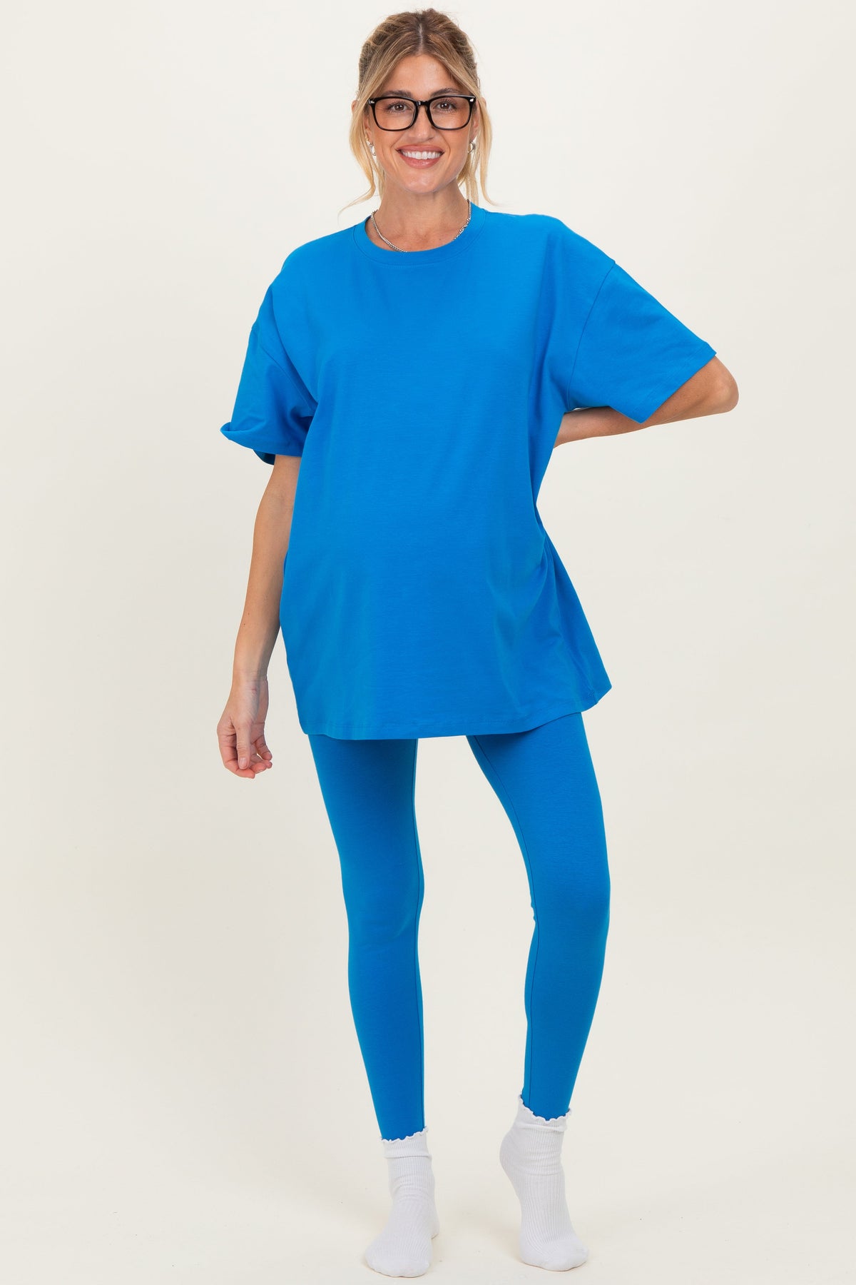 Ocean Blue Oversized Crewneck Short Sleeve and Legging Maternity Set