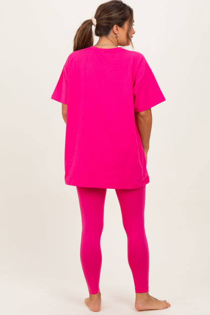 Hot Pink Oversized Crewneck Short Sleeve and Legging Maternity Set