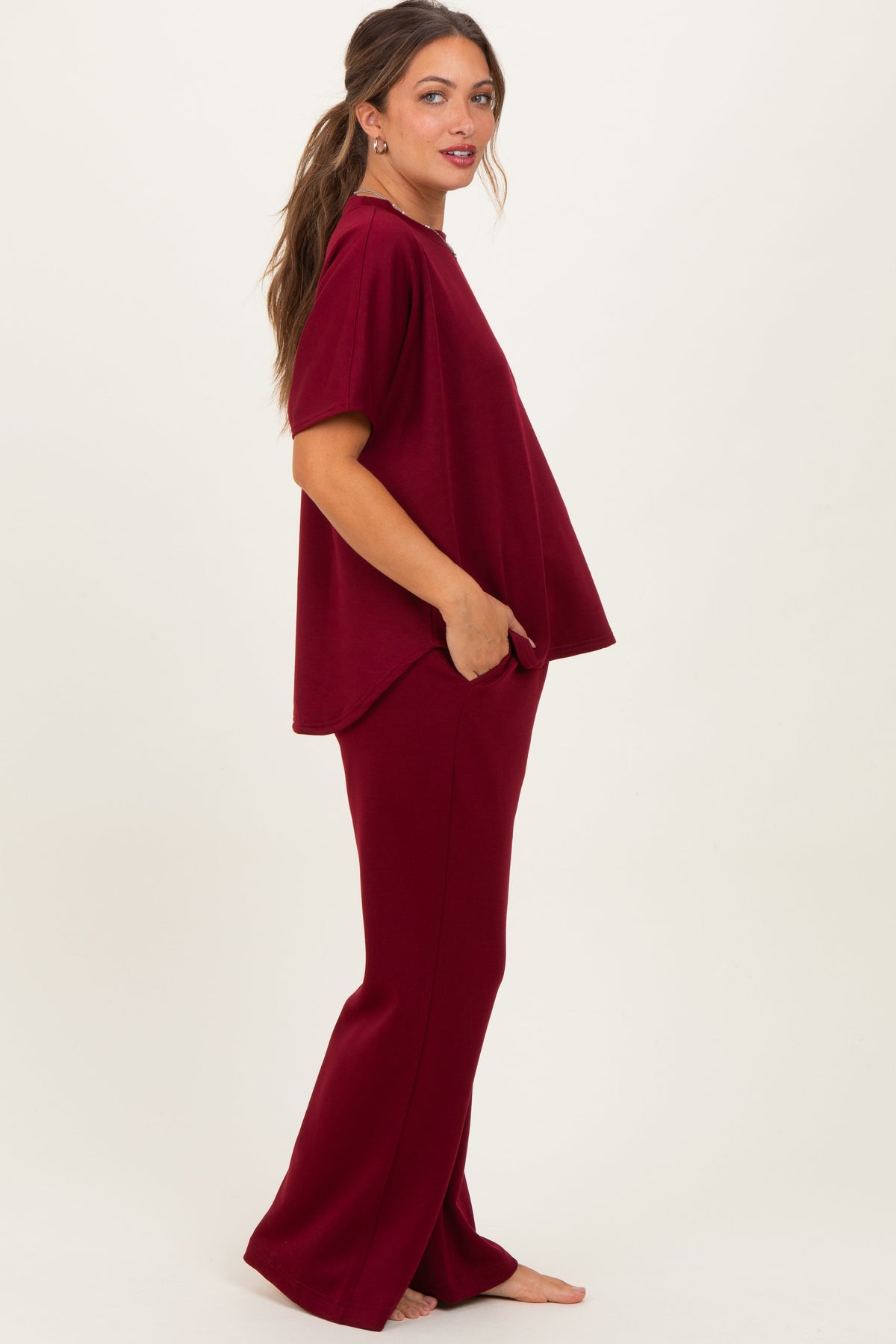 Burgundy Curved Hem Tee Pants Maternity Lounge Set