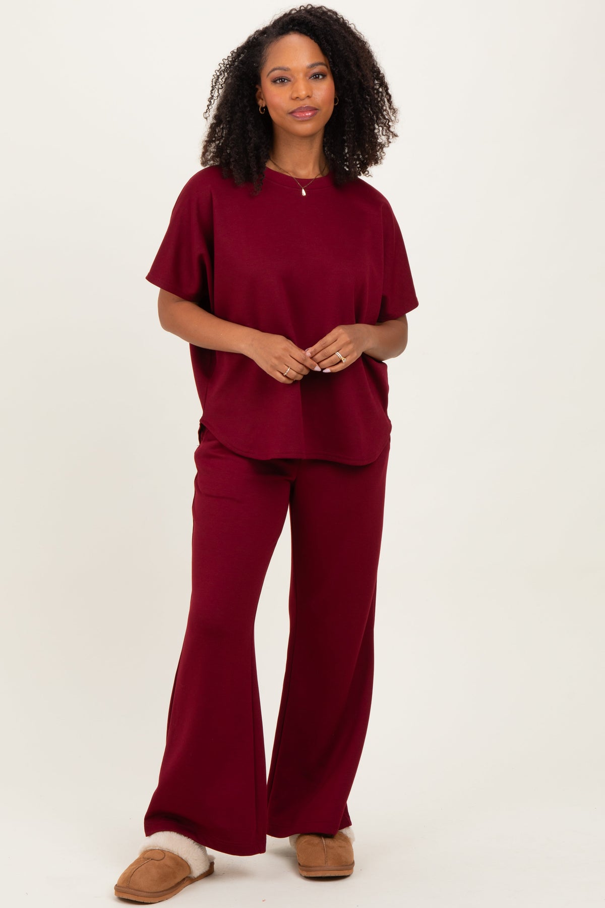 Burgundy Curved Hem Tee Pants Maternity Lounge Set