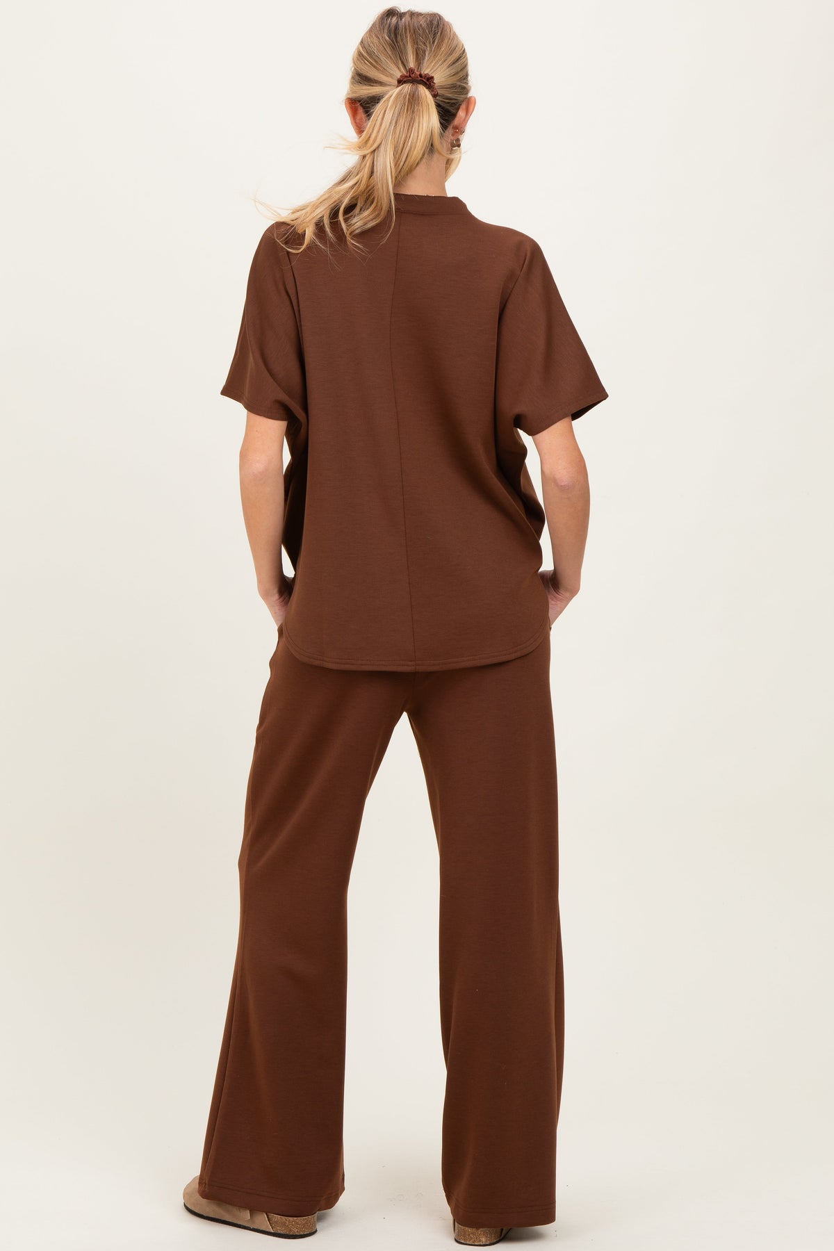 Brown Curved Hem Tee Pants Maternity Lounge Set