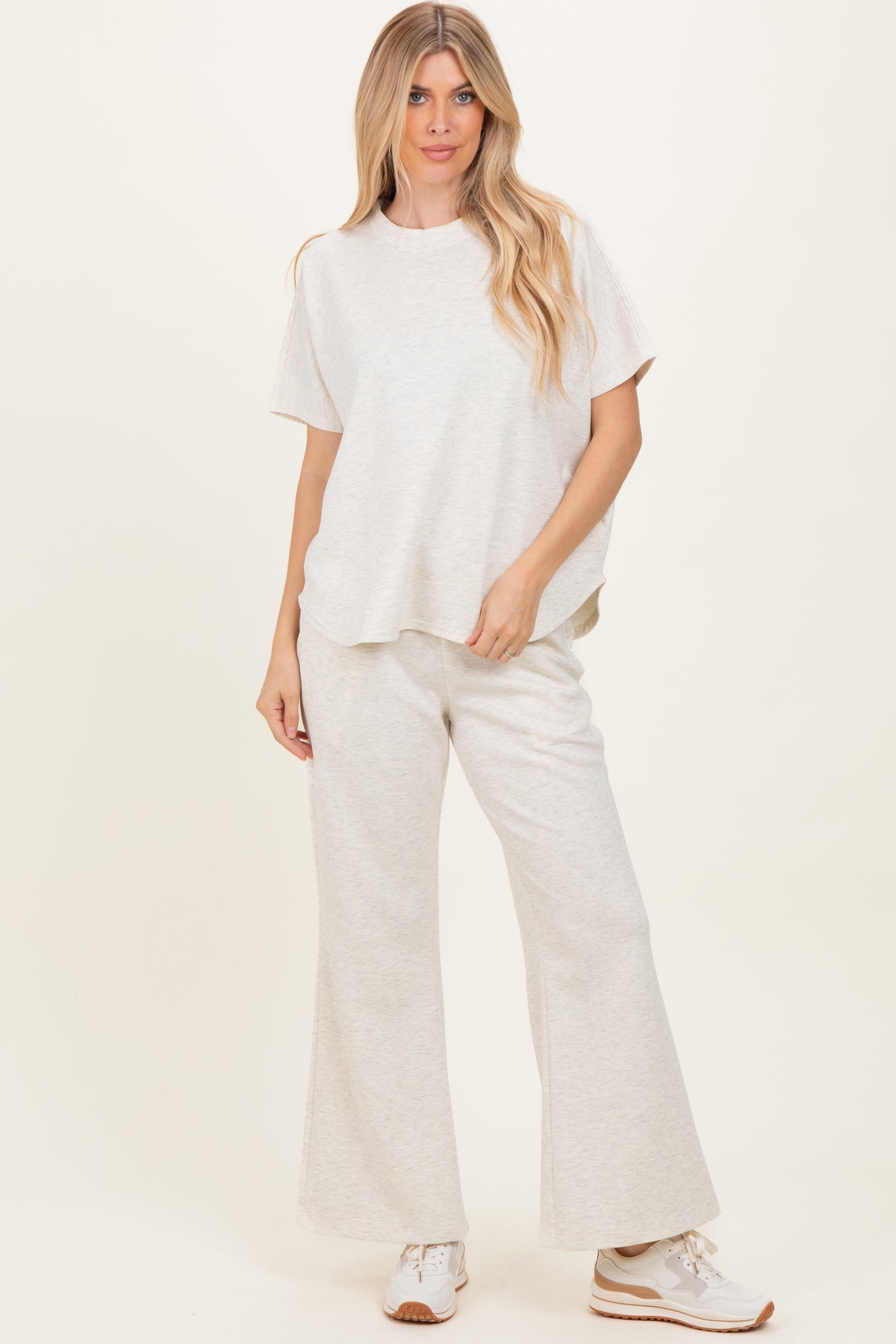 Cream Curved Hem Tee Pants Maternity Lounge Set