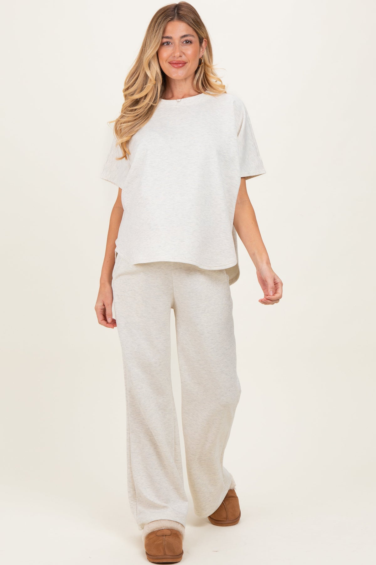 Cream Curved Hem Tee Pants Maternity Lounge Set