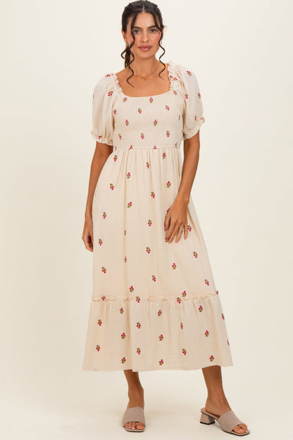 Cream Embroidered Smocked Maternity Midi Dress