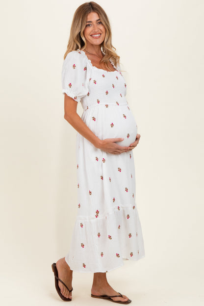 Ivory Embroidered Smocked Maternity Midi Dress